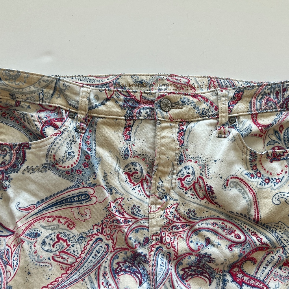 Chicos sz 2 Regular sz 12 Beige Blue Red Paisley So Slimming Girlfriend Crop - Picture 7 of 11